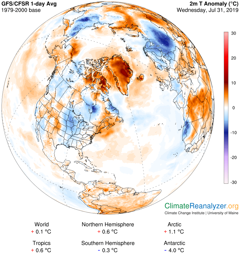 Anomalie de température à 2 mètres le 31 juillet 2019 - © Climate Reanalyzev